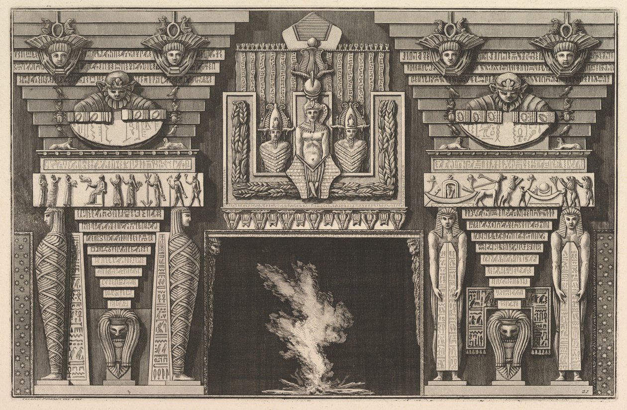 Skorstensstycke i egyptisk stil: Två mumier i profil till vänster och två figurer..., ca. 1769. av Giovanni Battista Piranesi