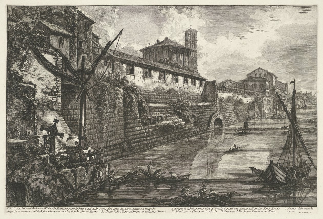 Cloaca Maxima te Rom Utsikt över den antika Sostrizioni gjord av Tarquinio Superbo kallad Bel Lido (...) (titel på objektet) Gezichten op Rome (serietitel) Utsikt över Rom designad och graverad av Giambattista Piranesi-arkitekten Ve (nez) iano (serietitel av Giovanni Battista Piranesi