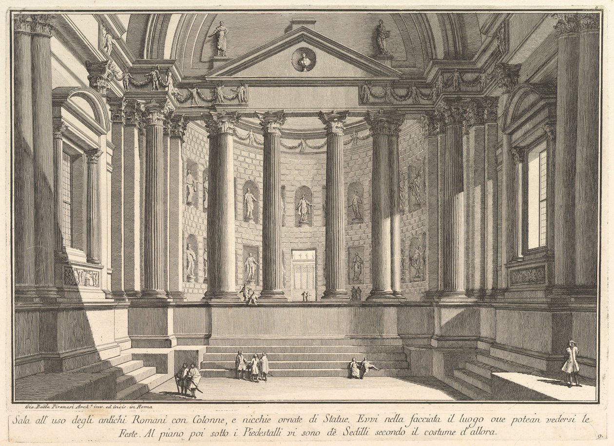 Kolonnadshall enligt de gamla romarnas sed, och nischer prydda med..., ca. 1750. av Giovanni Battista Piranesi