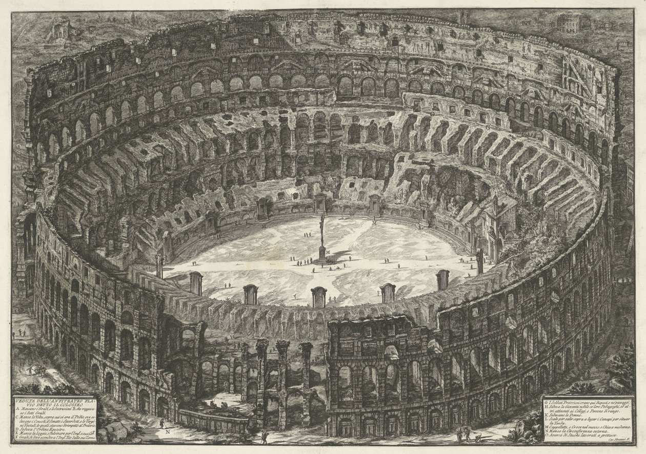Colosseum te Rom Utsikt över den flaviska amfiteatern känd som Colosseum (titel på objektet) Gezichten op Rome (serietitel) Utsikt över Rom designad och graverad av Giambattista Piranesi-arkitekten Ve (nez) iano (serietitel) av Giovanni Battista Piranesi