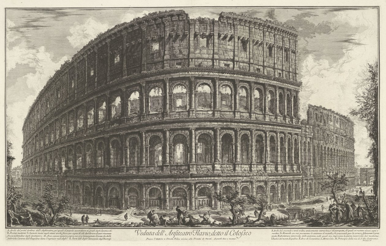 Colosseum te Rom Utsikt över den flaviska amfiteatern, känd som Colosseum (titel på objektet) Gezichten op Rome (serietitel) Utsikt över Rom designad och graverad av Giambattista Piranesi-arkitekten Ve (nez) iano (serietitel) av Giovanni Battista Piranesi