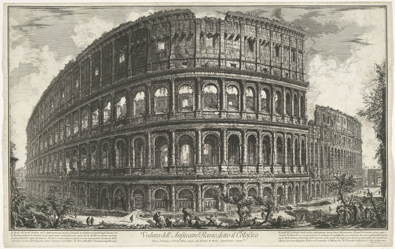 Colosseum te Rom Utsikt över den flaviska amfiteatern, känd som Colosseum (titel på objektet) Gezichten op Rome (serietitel) Utsikt över Rom designad och graverad av Giambattista Piranesi-arkitekten Ve (nez) iano (serietitel) av Giovanni Battista Piranesi