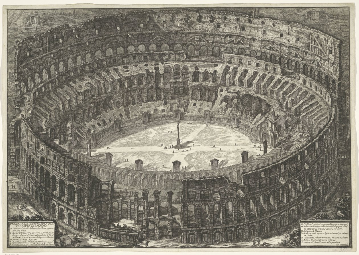 Colosseum te Rom Utsikt över den flaviska amfiteatern känd som Colosseum (titel på objektet) Gezichten op Rome (serietitel) Utsikter över Rom tecknade och graverade av Giambattista Piranesi-arkitekten Ve(nez)iano (serietitel) av Giovanni Battista Piranesi