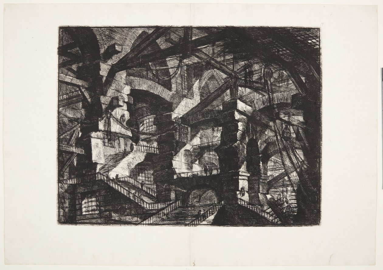 Komplexa grupper av sammanhängande ruinbågar som stödjer balkar och rep av Giovanni Battista Piranesi