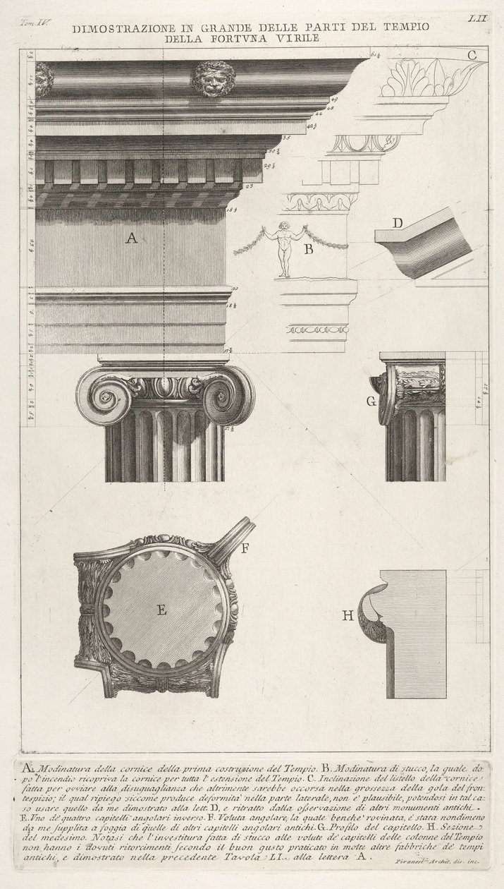 Gesims och kolonn från Temple of Fortuna Virilis Tempio della Fortuna Virile, från ..., 1756. av Giovanni Battista Piranesi