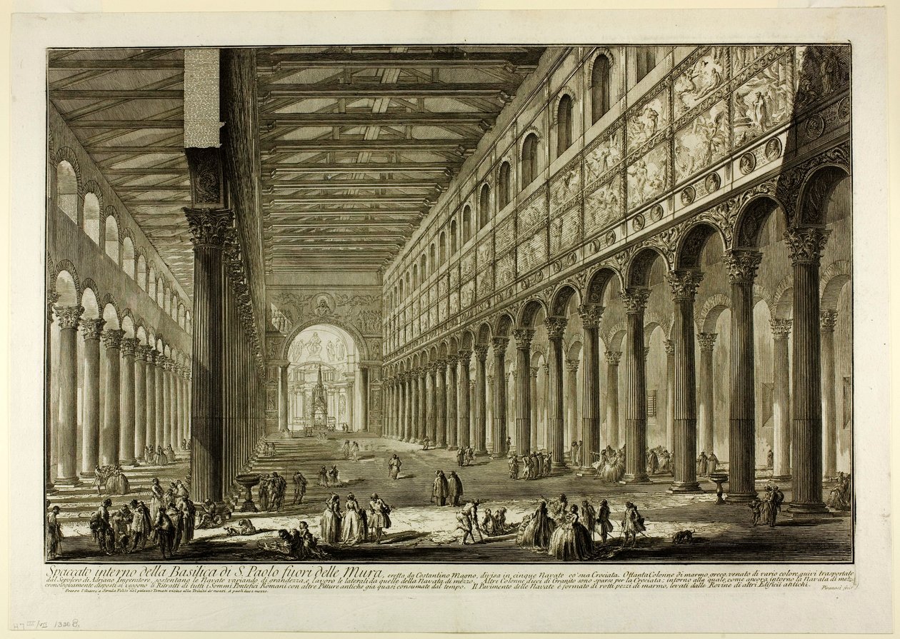 Utskuren vy av det inre av basilikan S. Paolo fuori delle Mura [St. Paul utanför murarna], från Views of Rome av Giovanni Battista Piranesi
