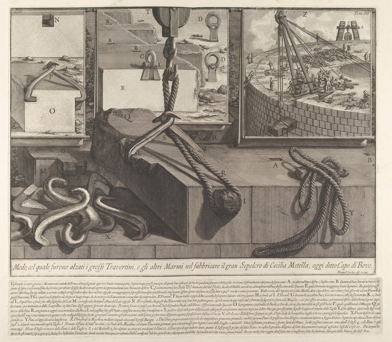 Demonstrationspanel som visar teknik för att höja travertin- och marmorblock för kon..., 1756. av Giovanni Battista Piranesi