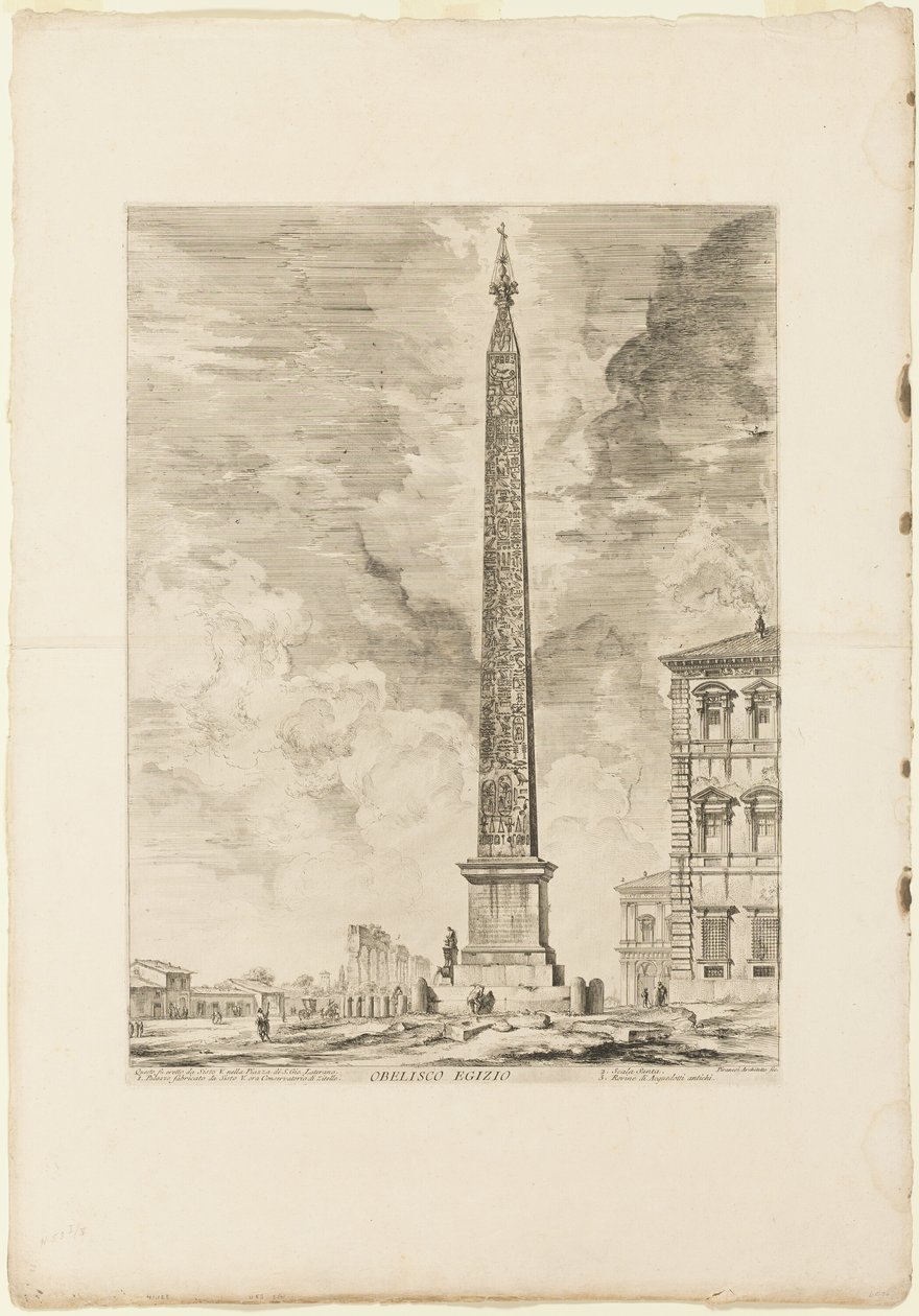 egyptisk obelisk. Denna restes av påven Sixtus V på Piazza av St. John Lateran, från utsikt över Rom av Giovanni Battista Piranesi