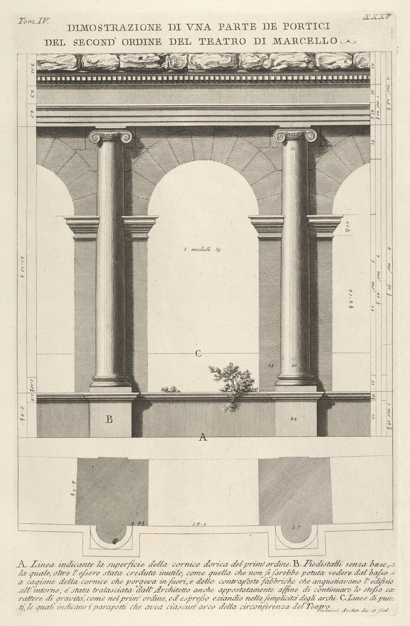 Höjd och plan över den andra ordningens portik vid Marcellus Teatro di Marc..., 1756. av Giovanni Battista Piranesi