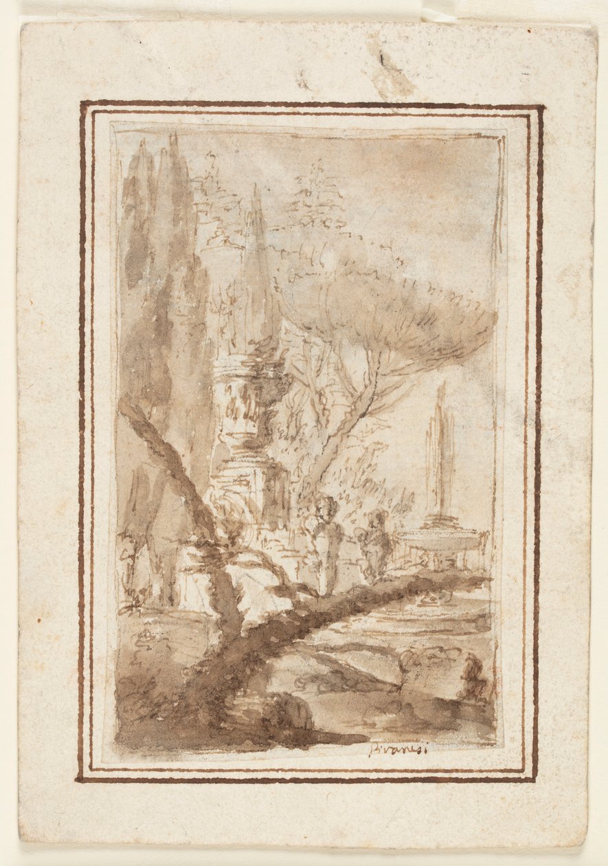 Fantasi om en trädgård med en monumental urna, skulpturer och en fontän av Giovanni Battista Piranesi