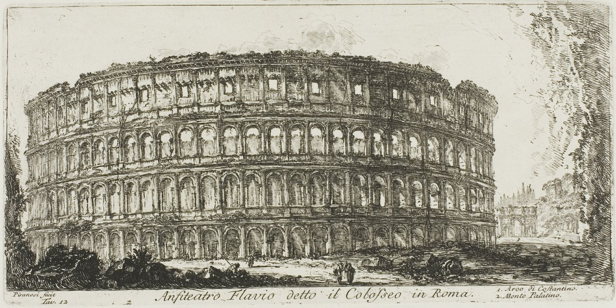 Flavisk amfiteater, kallad Colosseum. 1. Konstantins båge. 2. Palatine Hill, skylt 12 från Some Views of Triumphal Arches and other monuments av Giovanni Battista Piranesi