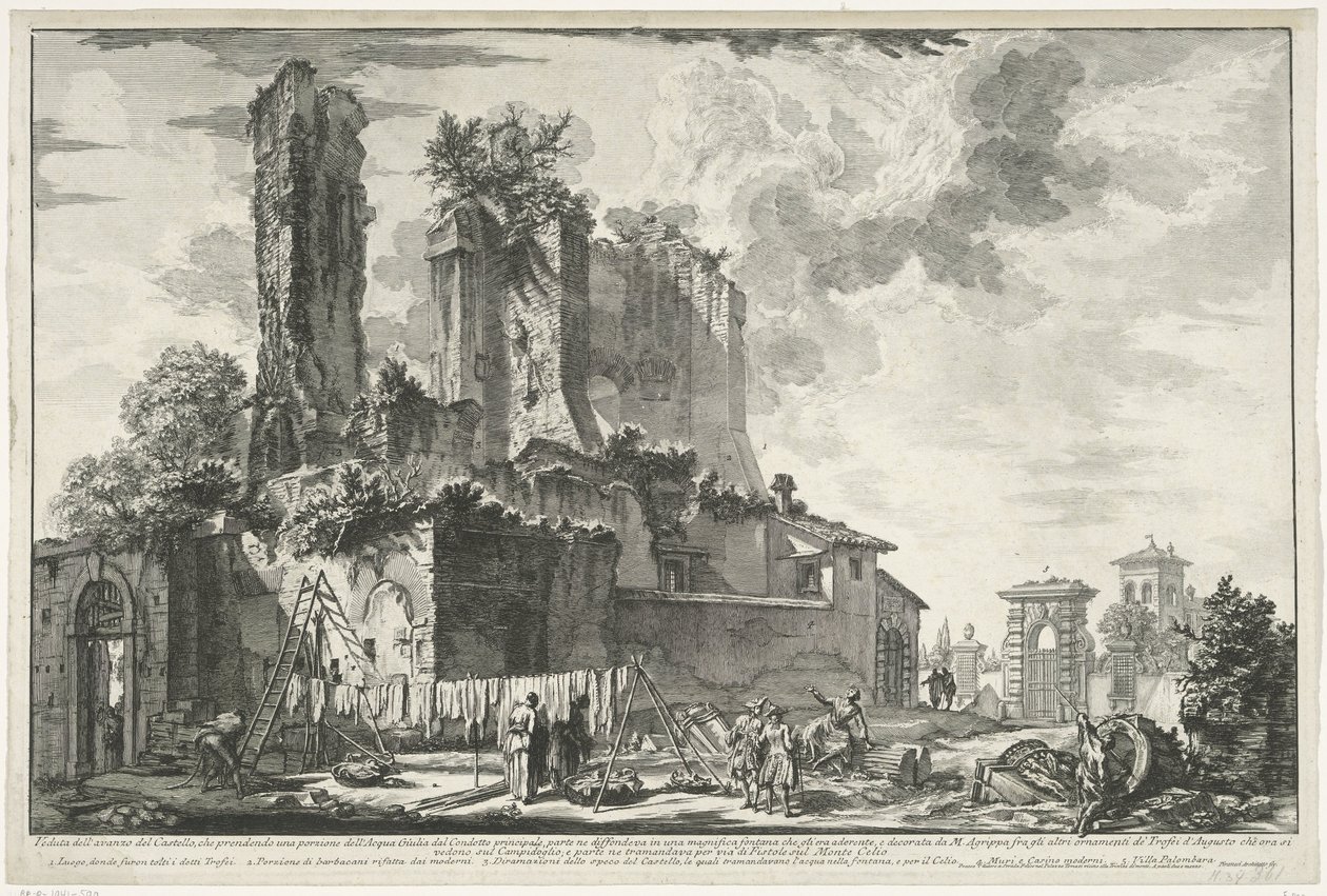Fontänen Acqua Giulia te Rome Utsikt över resten av slottet, som tar en del av Acqua Giuli (...) (titel på objektet) Gezichten op Rome (serietitel) Utsikter över Rom tecknade och graverade av Giambattista Piranesi-arkitekten Ve(nez)iano (s av Giovanni Battista Piranesi