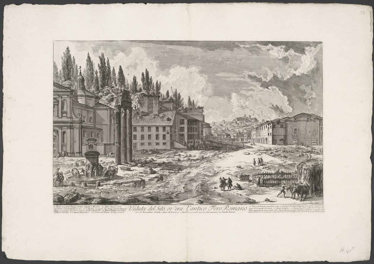 Forum Romanum med de Tempel van Jupiter Stator te Rome Utsikt över platsen, där det antika Forum Romanum låg (titel på objekt) Gezichten op Rome (serietitel) Utsikt över Rom designad och graverad av Giambattista Piranesi-arkitekten Ve (nez) iano (serietite av Giovanni Battista Piranesi
