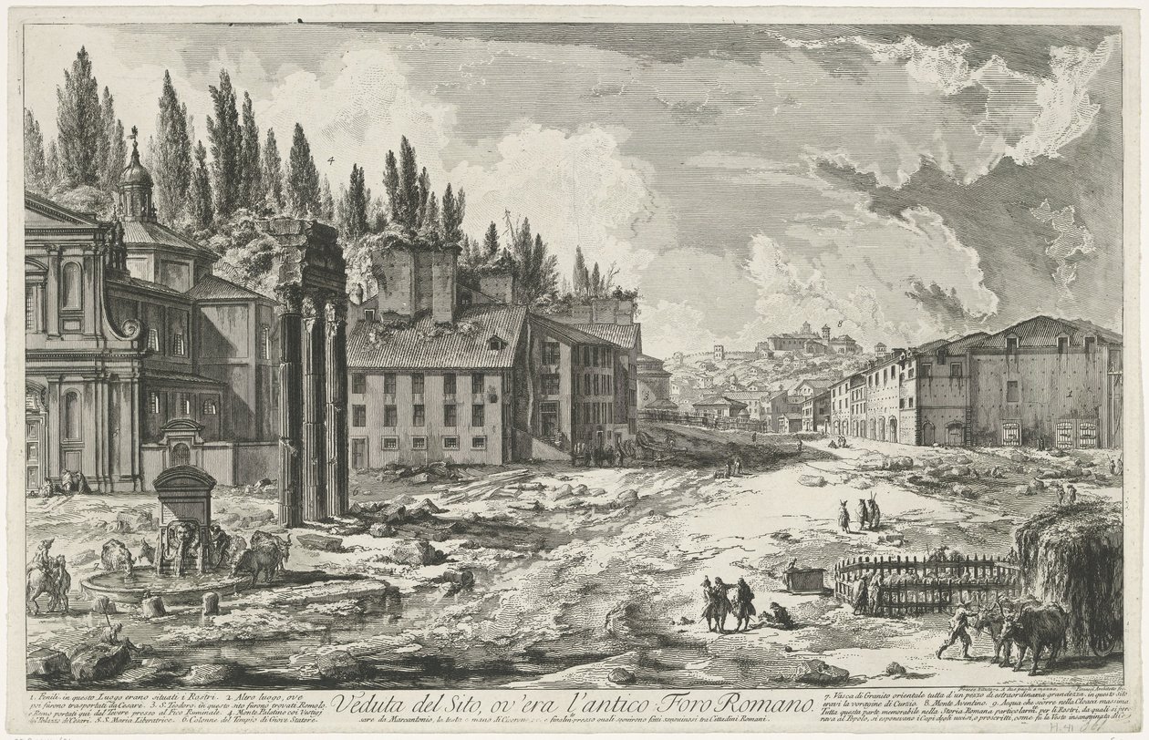 Forum Romanum med de Tempel van Jupiter Stator te Rome Utsikt över platsen, där det antika Forum Romanum låg (titel på objekt) Gezichten op Rome (serietitel) Utsikt över Rom designad och graverad av Giambattista Piranesi-arkitekten Ve (nez) iano (serietite av Giovanni Battista Piranesi
