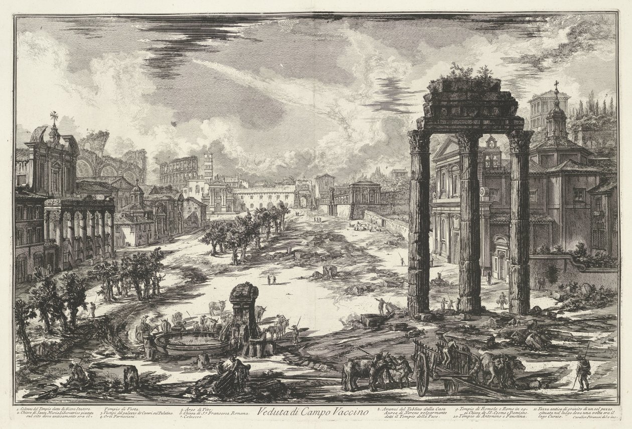 Forum Romanum te Rom Utsikt över Campo Vaccino (titel på objekt) Gezichten op Rome (serietitel) Utsikt över Rom designad och graverad av Giambattista Piranesi-arkitekten Ve (nez) iano (serietitel) av Giovanni Battista Piranesi