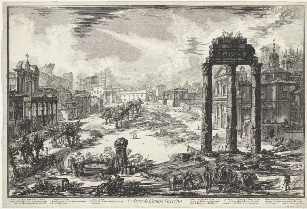 Forum Romanum te Rom Utsikt över Campo Vaccino (titel på objekt) Gezichten op Rome (serietitel) Utsikter över Rom tecknade och graverade av Giambattista Piranesi-arkitekten Ve(nez)iano (serietitel) av Giovanni Battista Piranesi