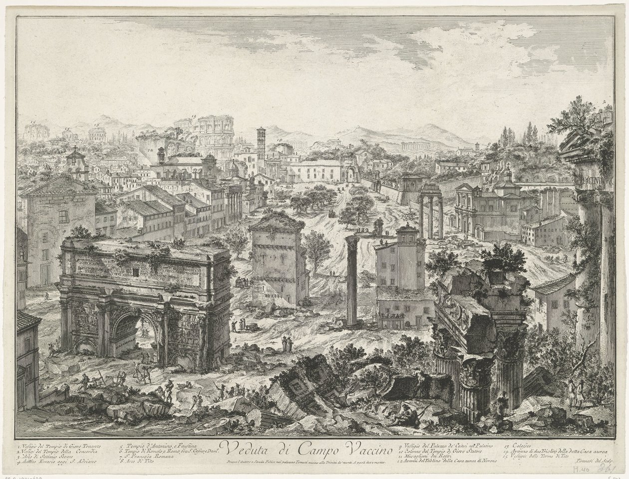 Forum Romanum te Rom Utsikt över Campo Vaccino (titel på objekt) Gezichten op Rome (serietitel) Utsikter över Rom tecknade och graverade av Giambattista Piranesi-arkitekten Ve(nez)iano (serietitel) av Giovanni Battista Piranesi
