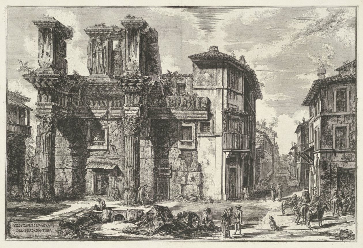 Forum van Nerva te Rom Vy över resterna av Forum of Nerva (titel på objekt) Gezichten op Rome (serietitel) Utsikter över Rom tecknade och graverade av Giambattista Piranesi-arkitekten Ve(nez)iano (serietitel) av Giovanni Battista Piranesi