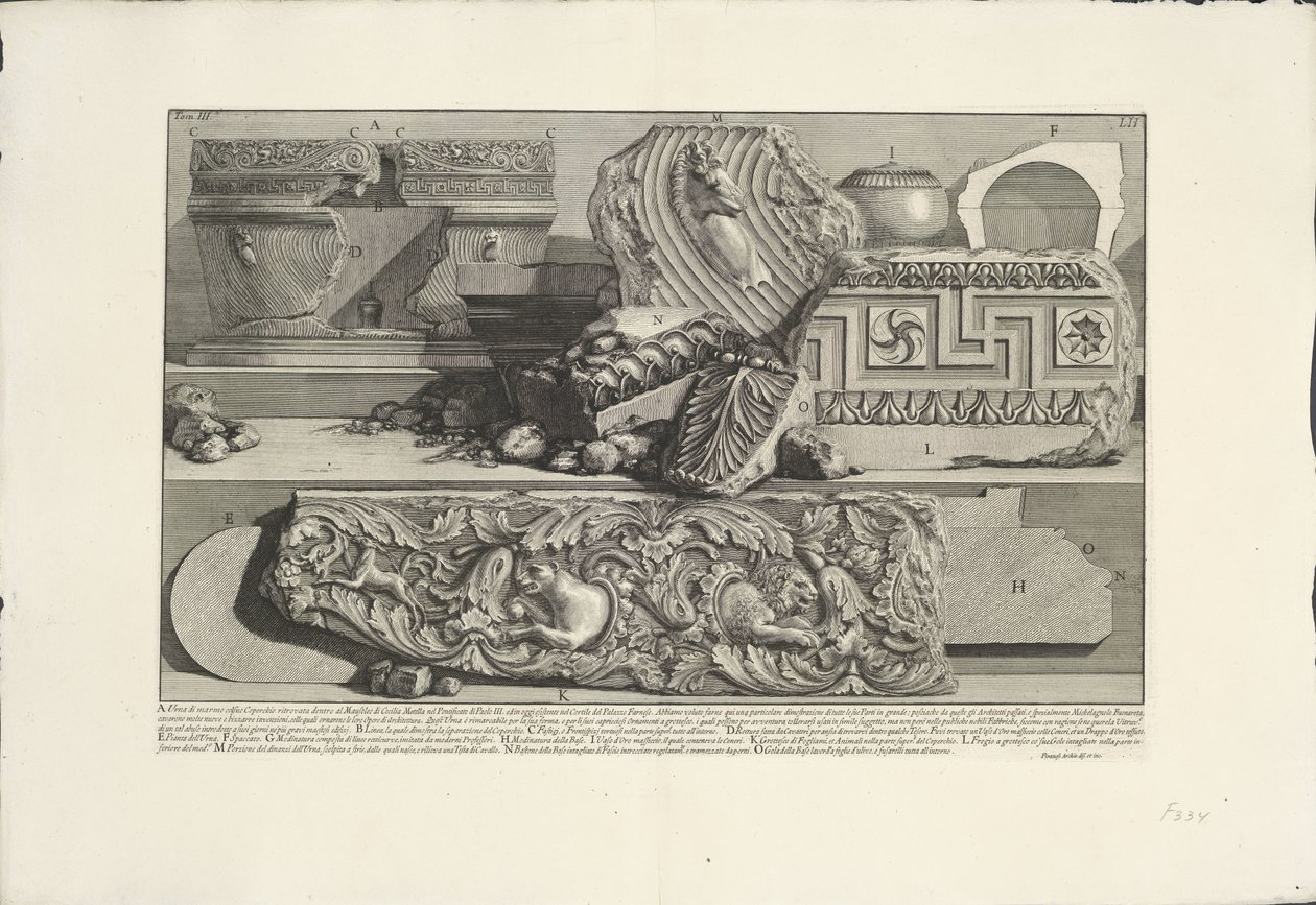 Fragment från Caecilia Metellas grav i Rom Arkeologiska fynd i och runt Rom (serietitel) Le Antichita Romane (serietitel) av Giovanni Battista Piranesi