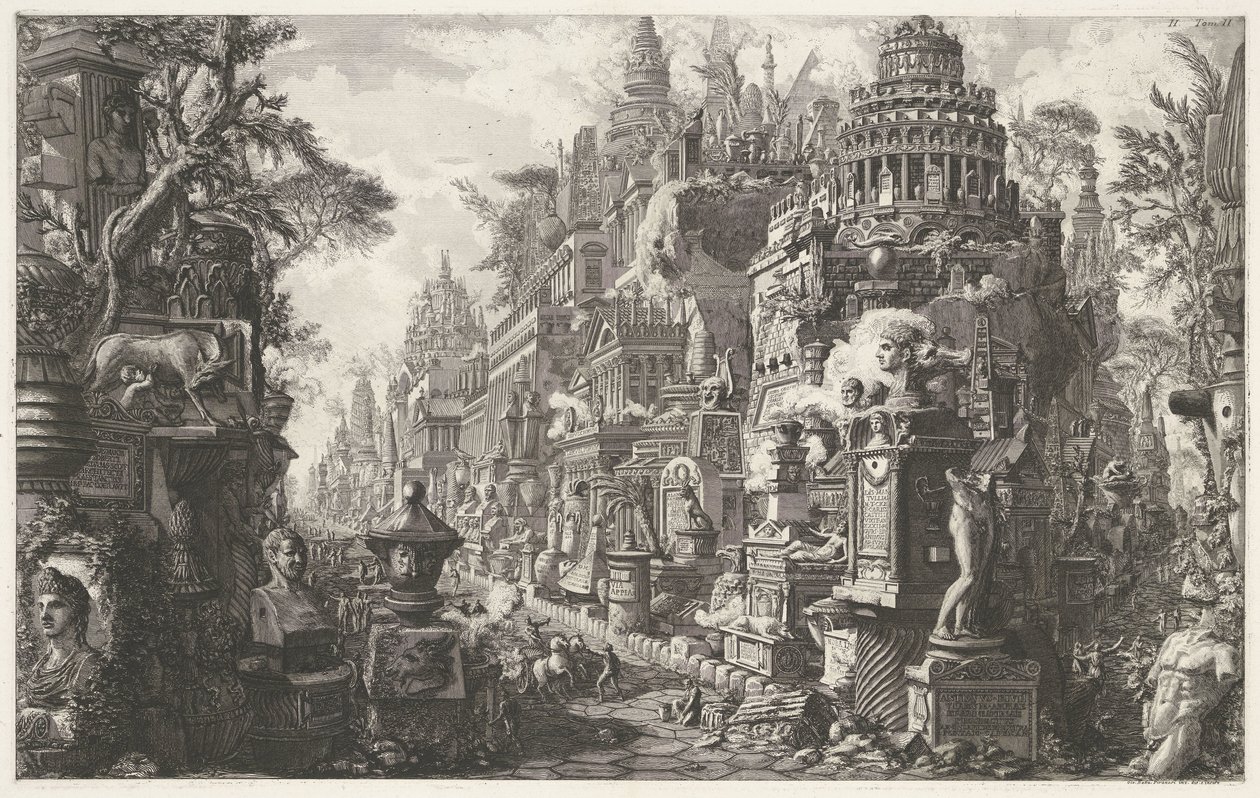 Frontispice met en fantasievoorstelling van de Via Appia Antica Frontispice av volym II av 