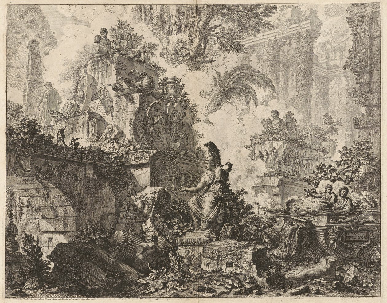 Frontispice, Fantasy of Ruins med en staty av Minerva i mitten av förgrunden, från Vedute di Roma (Utsikt över Rom) av Giovanni Battista Piranesi