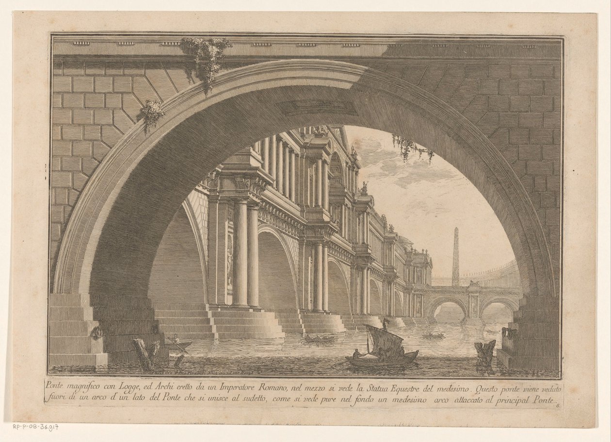 Vy över en bro med valv och loggier Första delen av Architecture and Perspectives (serietitel) Prima parte di architetture e prospettive (serietitel) av Giovanni Battista Piranesi