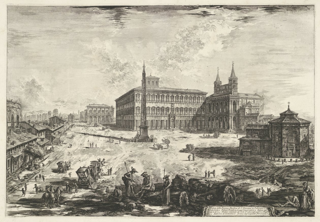 Gezicht op het Lateraan te Rome met de Sint-Jan van Lateranen Utsikt över Piazza och basilikan S. Giovanni in Laterano (titel på objektet) Gezichten op Rome (serietitel) Utsikt över Rom designad och graverad av Giambattista Piranesi-arkitekten Ve (nez) ian av Giovanni Battista Piranesi