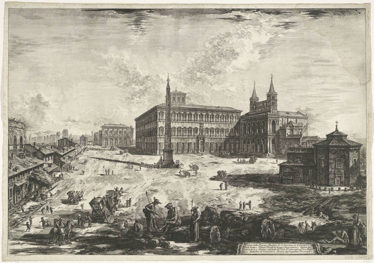Gezicht op het Lateraan te Rome met de Sint-Jan van Lateranen Utsikt över Piazza och basilikan S. Giovanni in Laterano (titel på objektet) Gezichten op Rome (serietitel) Utsikt över Rom designad och graverad av Giambattista Piranesi-arkitekten Ve (nez) ian av Giovanni Battista Piranesi