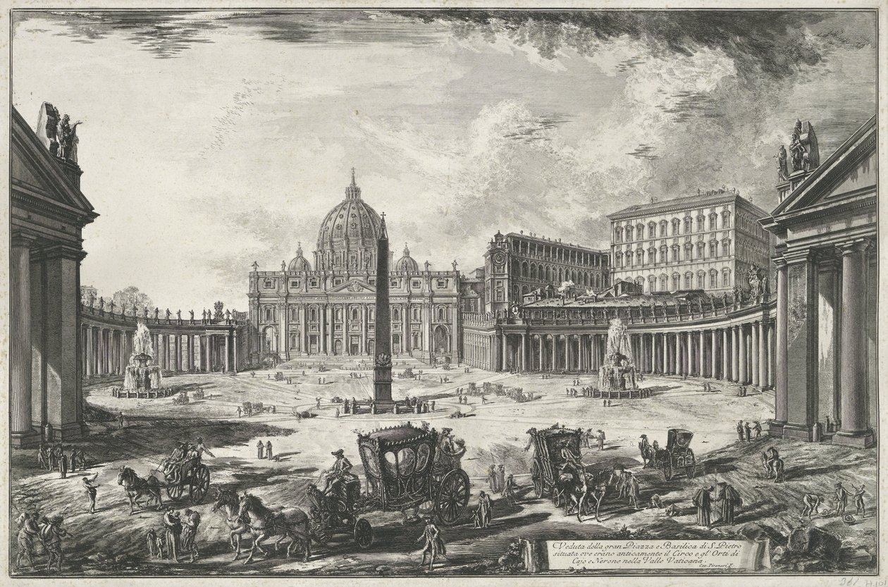 Utsikt över Petersplatsen med Peterskyrkan i Vatikanstaten Veduta della gran Piazza e Basilica di S. Pietr (...) (titel på objekt) Utsikt över Rom (serietitel) Vedute di Roma disegnate ed incise da Giambattista Piranesi architetto av Giovanni Battista Piranesi