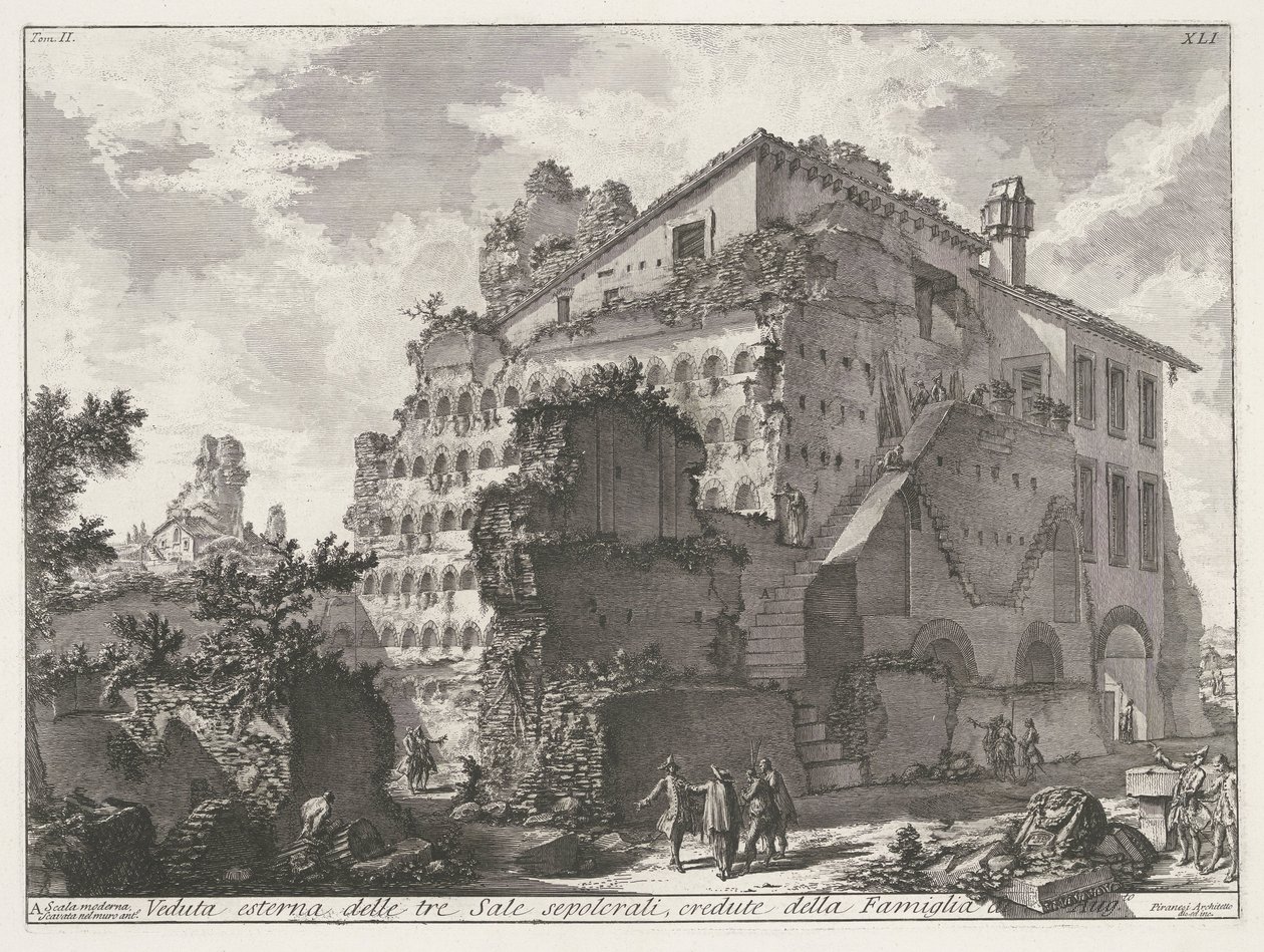 Graftombe van familjen van keizer Augustus Utvändig vy av de tre gravrummen, tros av familjen Aug.to (titel på objektet) Archeologische vondsten in en rond Rome (serietitel) Romerska antikviteter (serietitel) av Giovanni Battista Piranesi