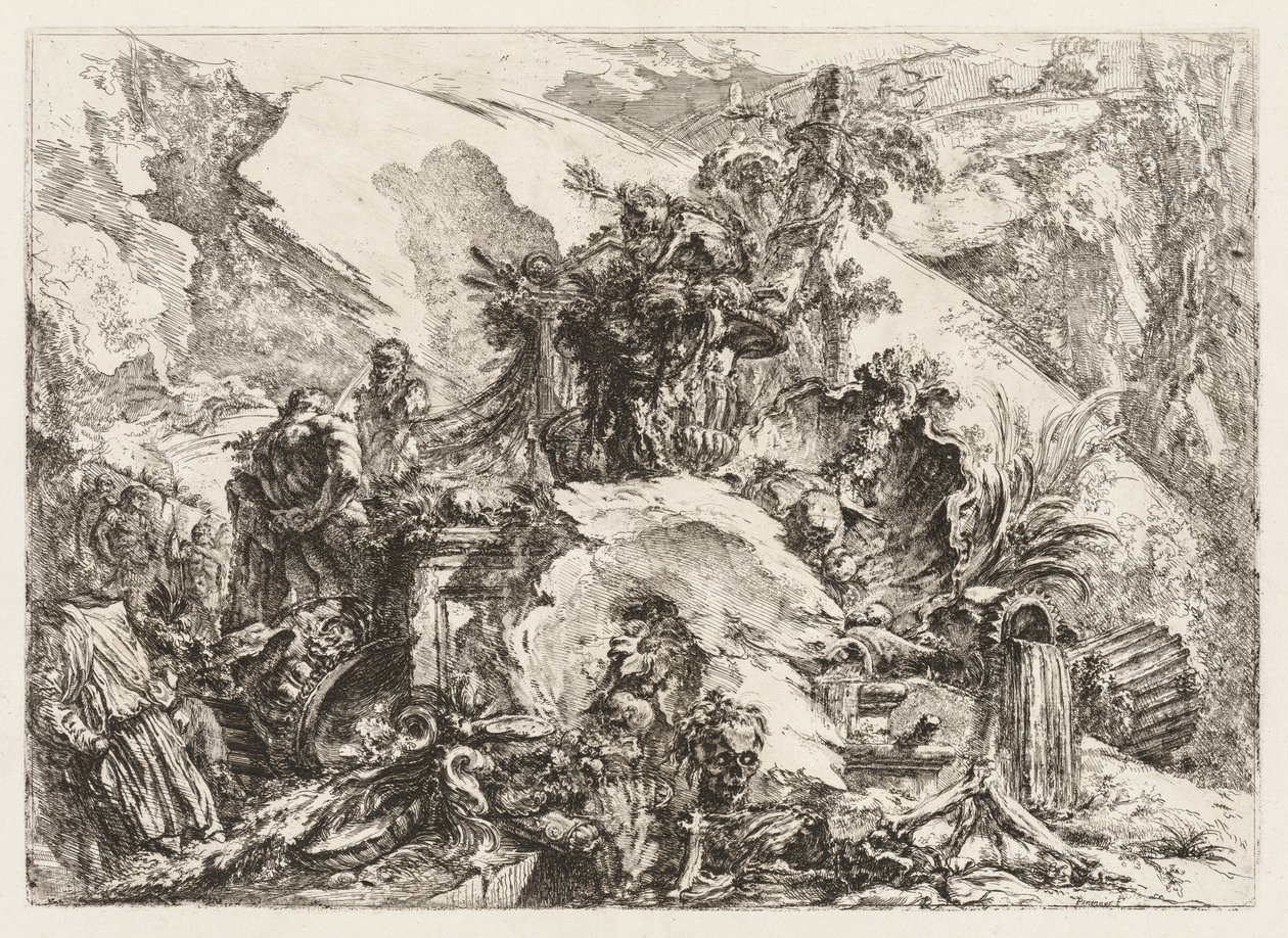 Groteschi: Ruiner med dödshuvud och skelett. av Giovanni Battista Piranesi
