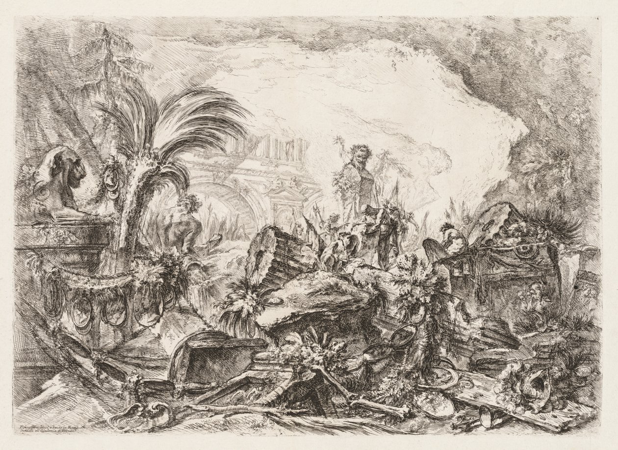 Groteschi: Ruiner med en staty av en faun och en fallen kolonn av Giovanni Battista Piranesi
