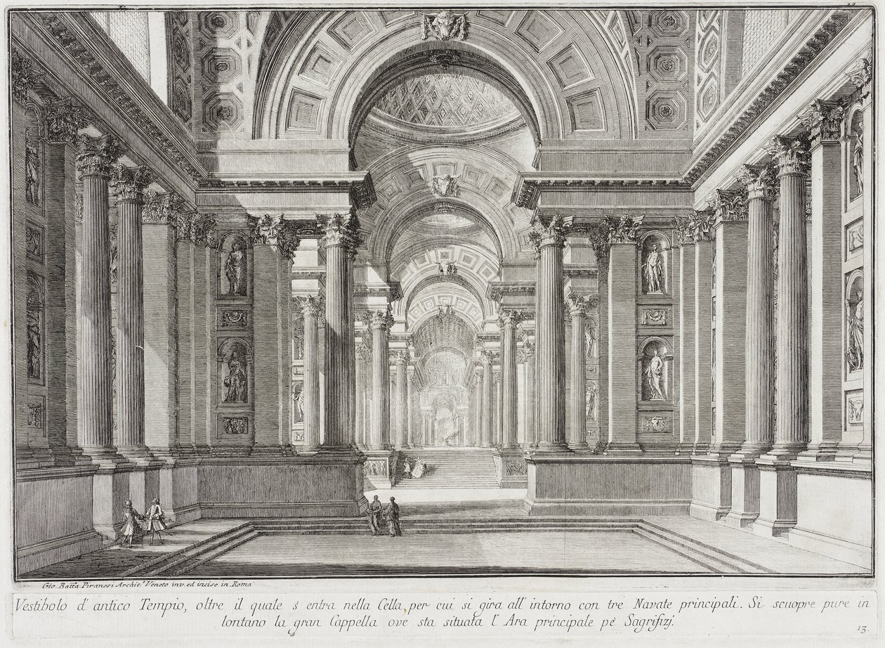 Ett fiktivt forntida tempel utformat i stil med de tempel som uppfördes till ära för gudinnan Vesta: i mitten står det stora altaret, där vestalinnorna bevarade den outsläckliga heliga elden... av Giovanni Battista Piranesi