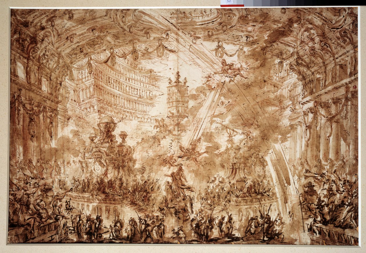 Inuti ett palats: två Flying Renames kröner en karaktär. Teckning av Giovanni Piranese (1720-1778) av Giovanni Battista Piranesi