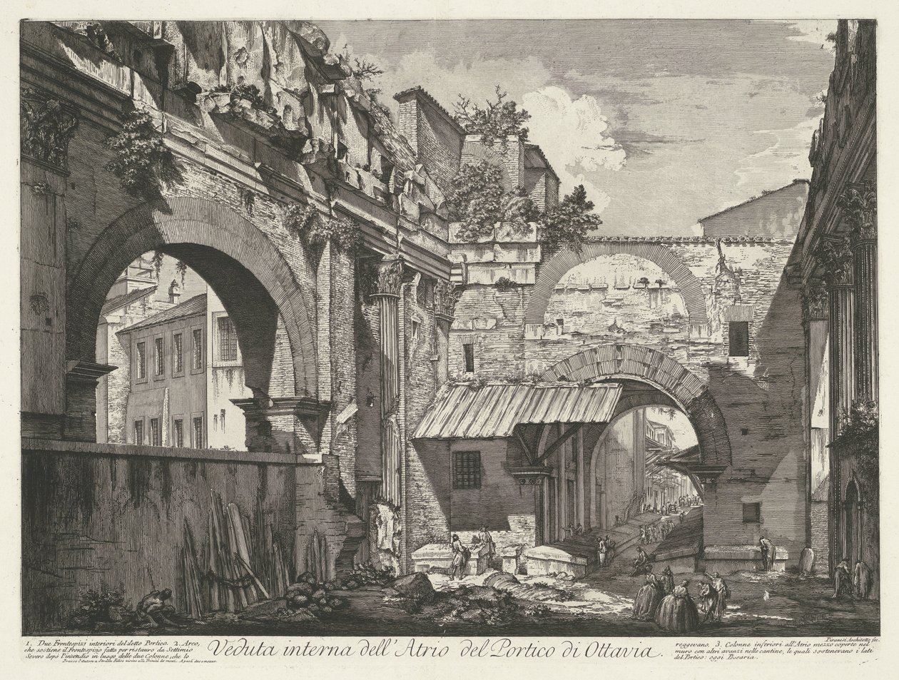 Interieur van de Porticus van Octavia i Rom Invändig vy av Atrium of Portico of Octavia (titel på objekt) Gezichten op Rome (serietitel) Utsikt över Rom designad och graverad av Giambattista Piranesi-arkitekten Ve (nez) iano (serietitel) av Giovanni Battista Piranesi