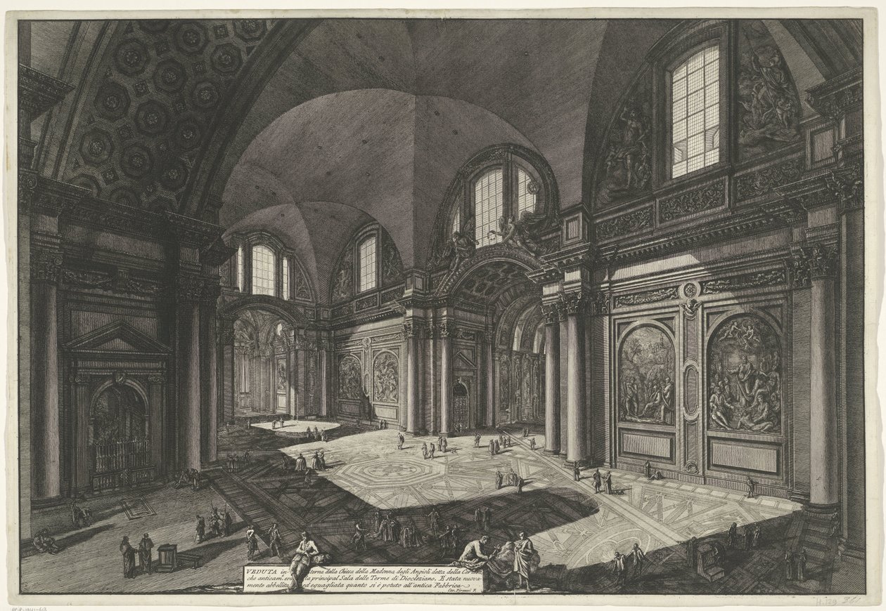Interieur van de Santa Maria degli Angeli e dei Martiri i Rom Invändig vy av kyrkan Madonna degli Anioli i Certosa som tidigare var huvudhallen i Diocletianus bad (titel på objektet) Gezichten op Rome (serietitel) av Giovanni Battista Piranesi
