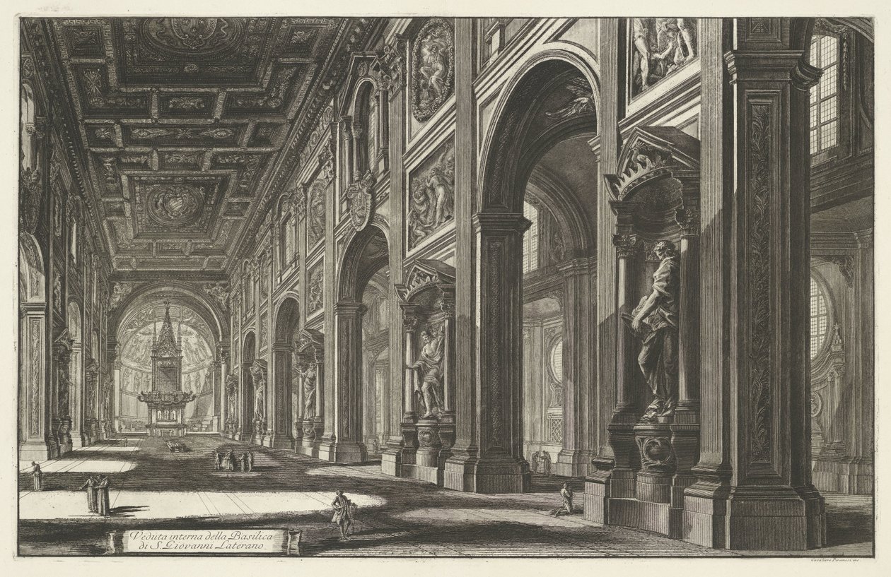 Interieur van de Sint-Jan van Lateranen te Rom Interiörvy av basilikan S. Giovanni Laterano (titel på objektet) Gezichten op Rome (serietitel) Utsikt över Rom designad och graverad av Giambattista Piranesi-arkitekten Ve (nez) iano (serietitel) av Giovanni Battista Piranesi