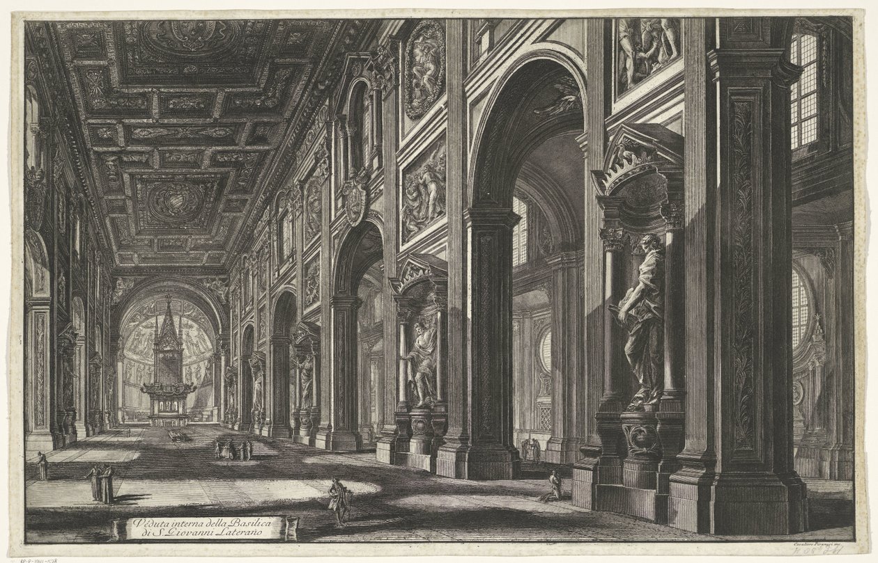 Interieur van de Sint-Jan van Lateranen te Rom Interiörvy av basilikan S. Giovanni Laterano (titel på objektet) Gezichten op Rome (serietitel) Utsikt över Rom designad och graverad av Giambattista Piranesi-arkitekten Ve (nez) iano (serietitel) av Giovanni Battista Piranesi