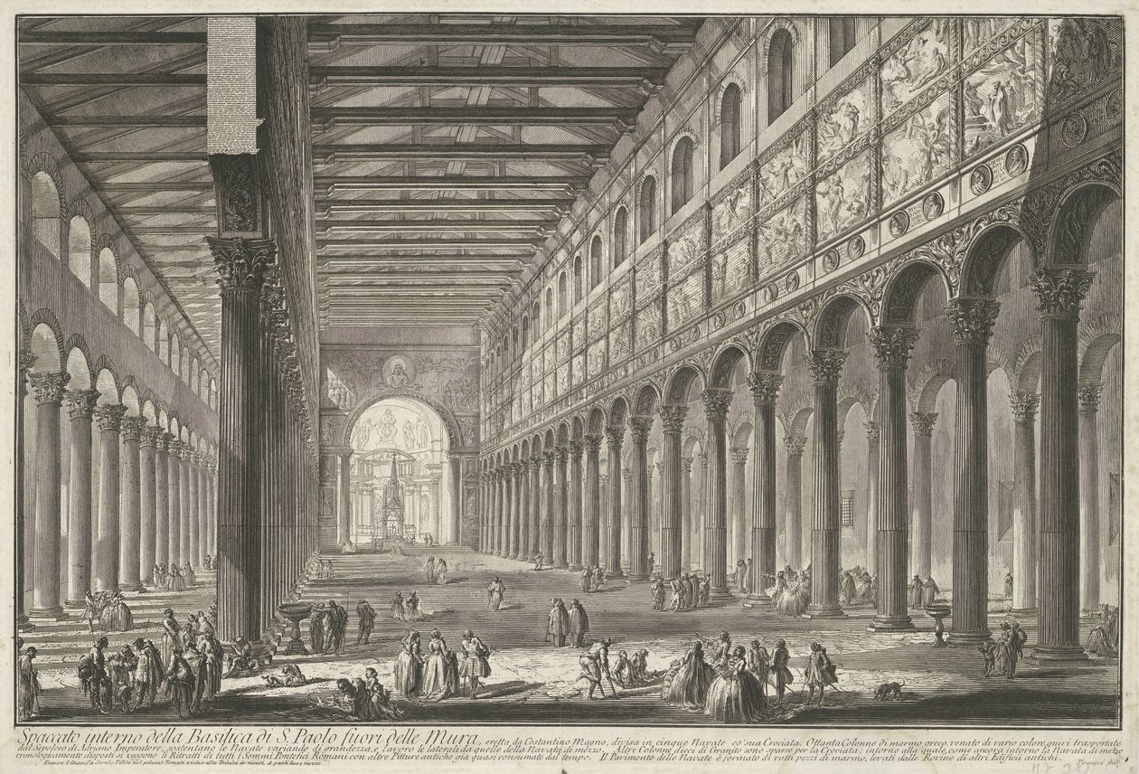 Interieur van de Sint-Paulus utanför de Muren te Rom Interiörvy av basilikan S. Paolo fuori delle Mur (...) (titel på objektet) Gezichten op Rome (serietitel) Utsikt över Rom designad och graverad av Giambattista Piranesi-arkitekten Ve (nez) iano av Giovanni Battista Piranesi