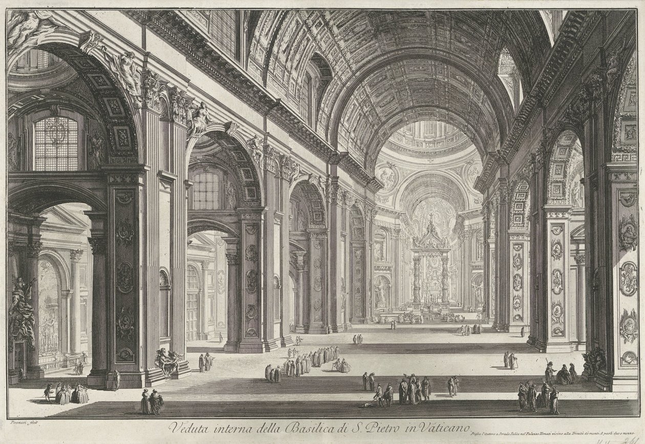 Interieur van de Sint-Pietersbasiliek te Vaticaanstad Invändig vy av Peterskyrkan i Vatikanen (titel på objektet) Gezichten op Rome (serietitel) Utsikt över Rom tecknad och graverad av Giambattista Piranesi-arkitekten Ve(nez)iano (serie ti av Giovanni Battista Piranesi