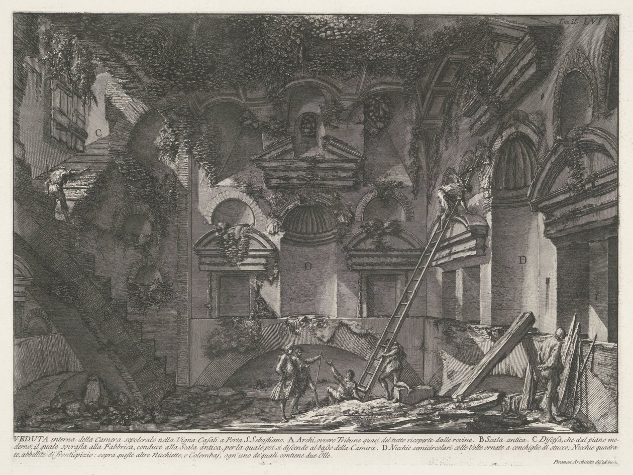 Interiör av graftombe hos Vigna Casali Invändig vy av gravkammaren i Casali-vingården i Porta S. Sebastiano (titel på objektet) Archeologische vondsten in en rond Rome (serietitel) Roman Antiquities (serietitel) av Giovanni Battista Piranesi