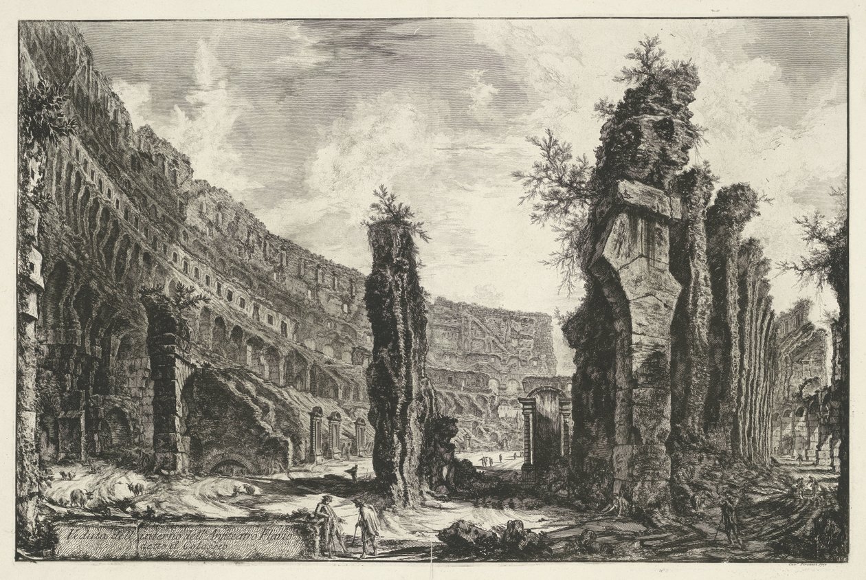 Interiör av Colosseum i Rom Utsikt över det inre av den flaviska amfiteatern känd som Colosseum (titel på objektet) Gezichten op Rome (serietitel) Utsikter över Rom tecknade och graverade av Giambattista Piranesi-arkitekten Ve(nez)iano (serietitel) av Giovanni Battista Piranesi