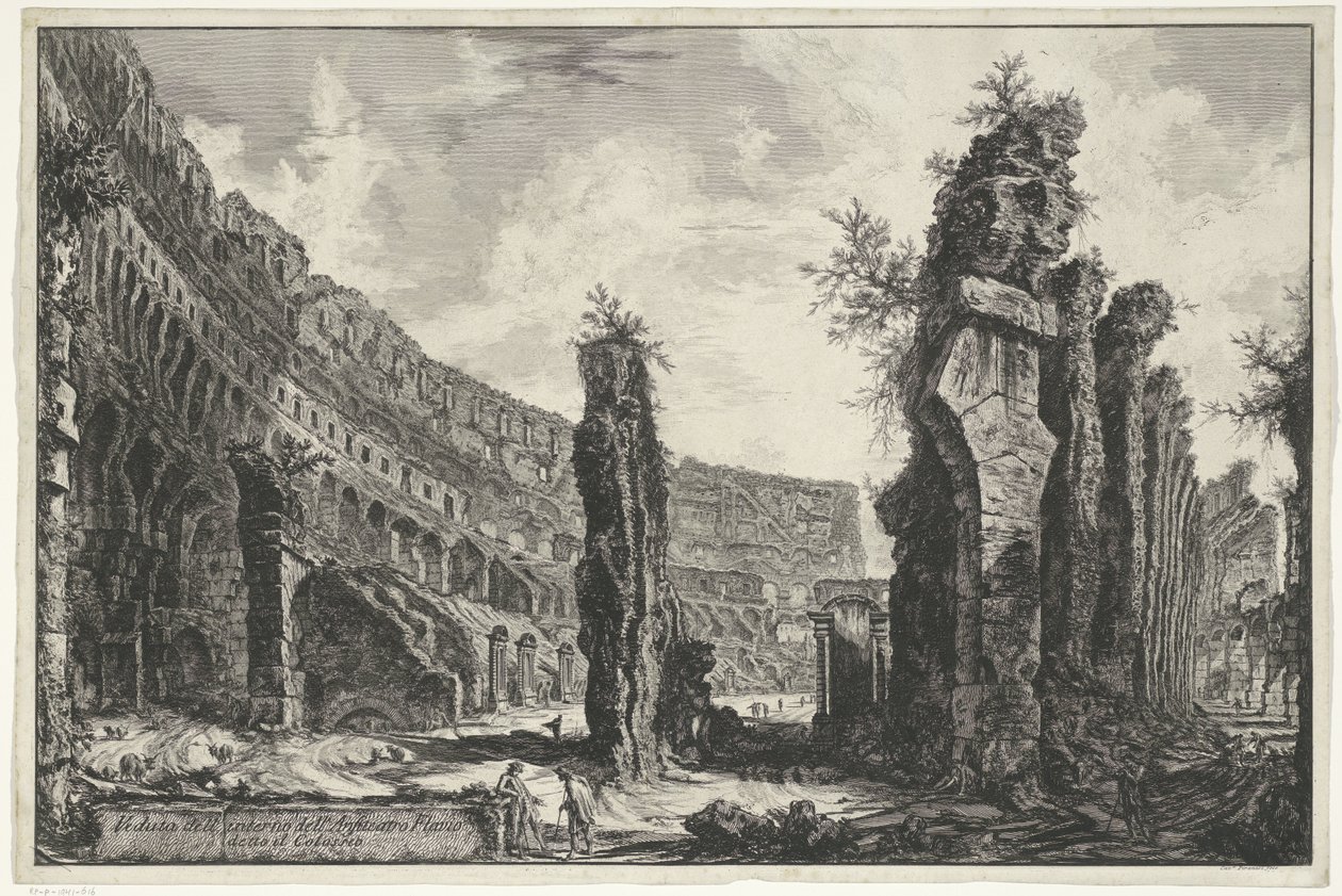 Interieur från Colosseum i Rom Utsikt över det inre av den flaviska amfiteatern känd som Colosseum (titel på objektet) Gezichten op Rome (serietitel) Utsikt över Rom designad och graverad av Giambattista Piranesi-arkitekten Ve (nez) iano (serietitel) av Giovanni Battista Piranesi