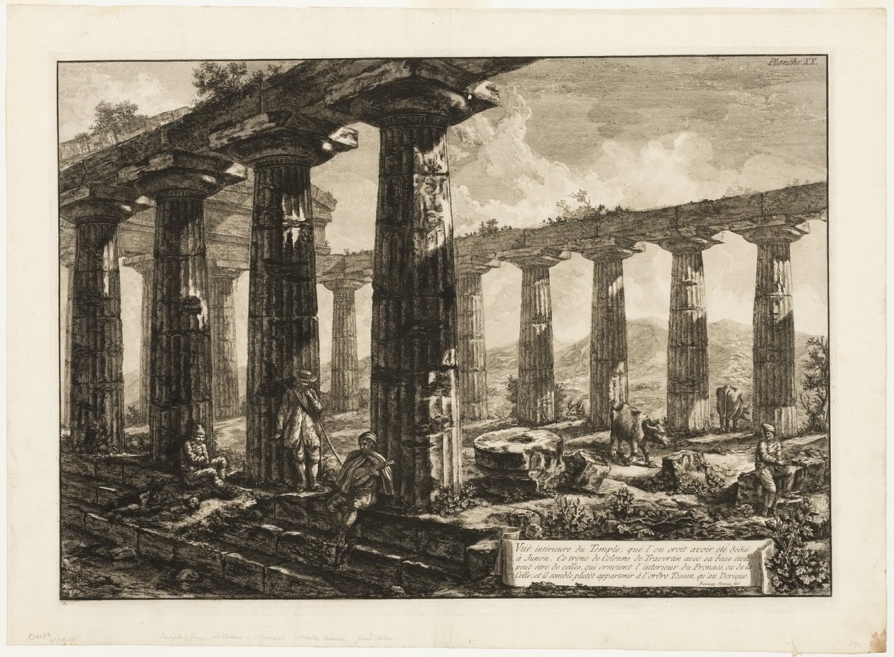 Interiörvy av templet som tros ha varit tillägnat Juno, från olika vyer av Paestum av Giovanni Battista Piranesi