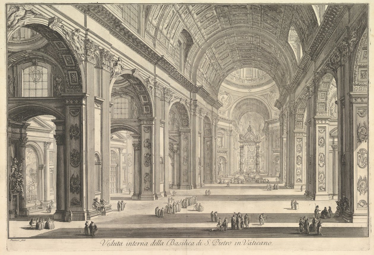 Invändig vy av St. Peters Basilica i Vatikanen, från Vedute di Roma Roman Views, ca. 1748. av Giovanni Battista Piranesi