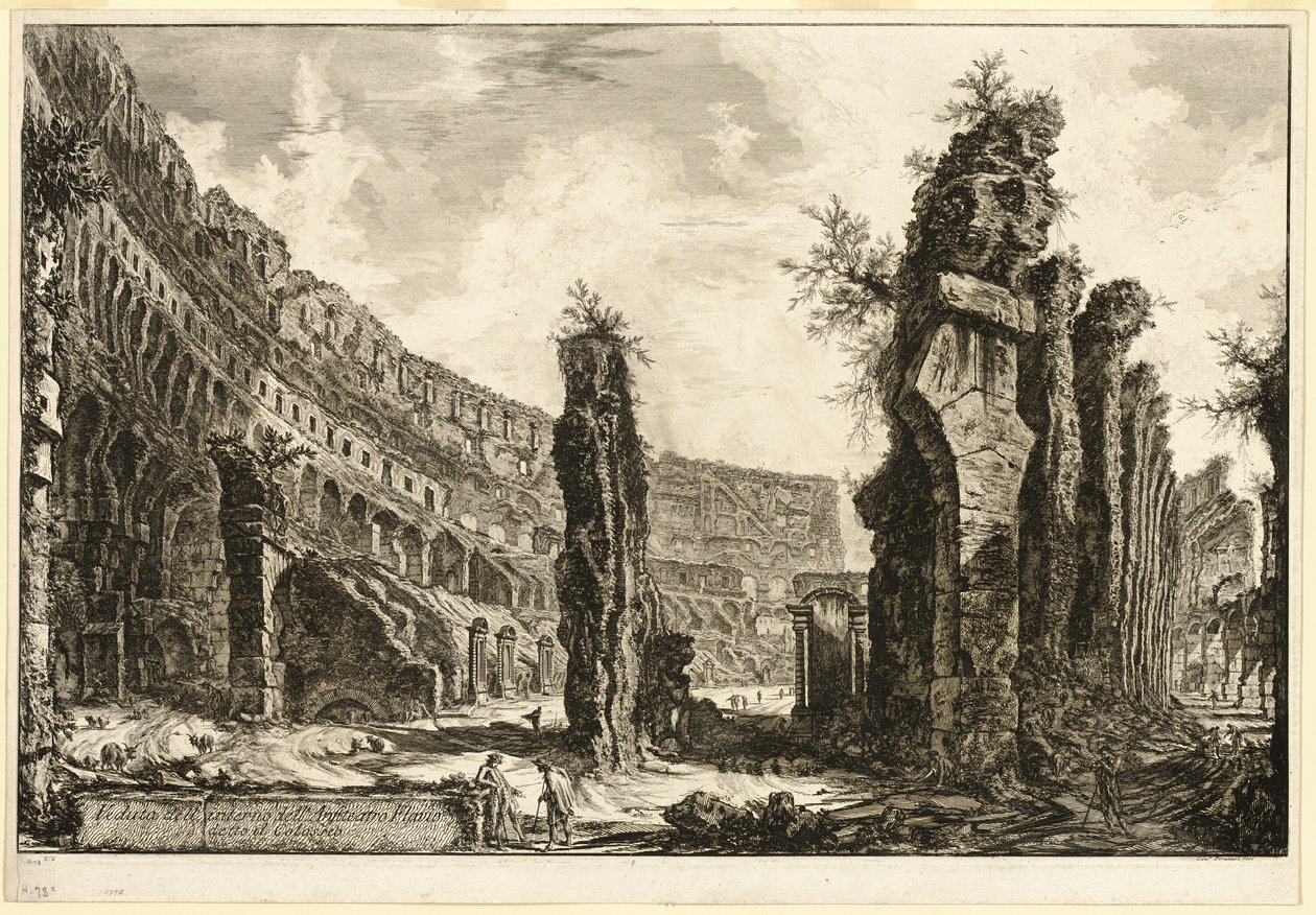 Interiörvy av den flaviska amfiteatern, kallad Colosseum, från utsikt över Rom av Giovanni Battista Piranesi