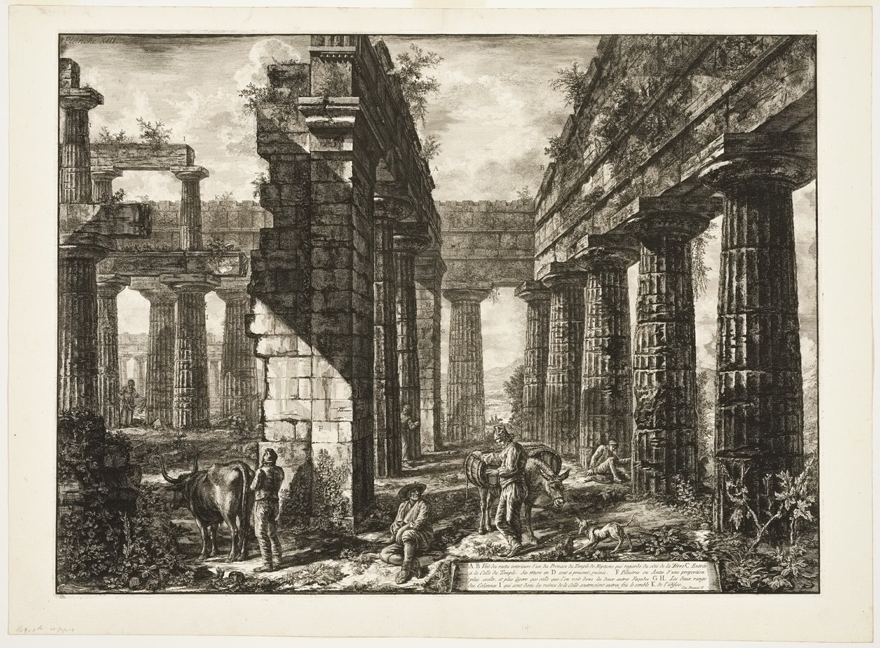 Interiörvy av resterna av en av pronaoi av Neptunustemplet som vetter mot inlandet, från olika vyer av Paestum av Giovanni Battista Piranesi