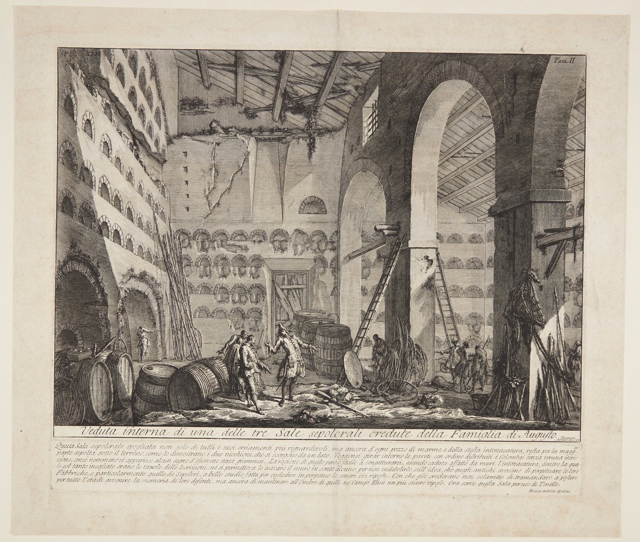 Interiörvy av tre stora gravkammare som tros tillhöra Augustus hushåll av Giovanni Battista Piranesi