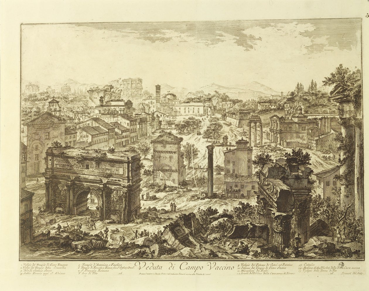 Italien, Rom, utsikt över Campo Vaccino (Forum romerska) med Septimius Severus båge (gravyr) av Giovanni Battista Piranesi
