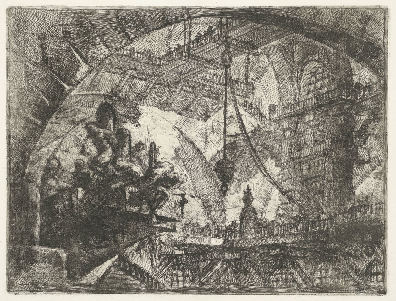 Fängelsehåla med fångar på utskjutande plattform Dungeons (serietitel) Invenzioni Capric di Carceri all Acqua Forte (serietitel) av Giovanni Battista Piranesi